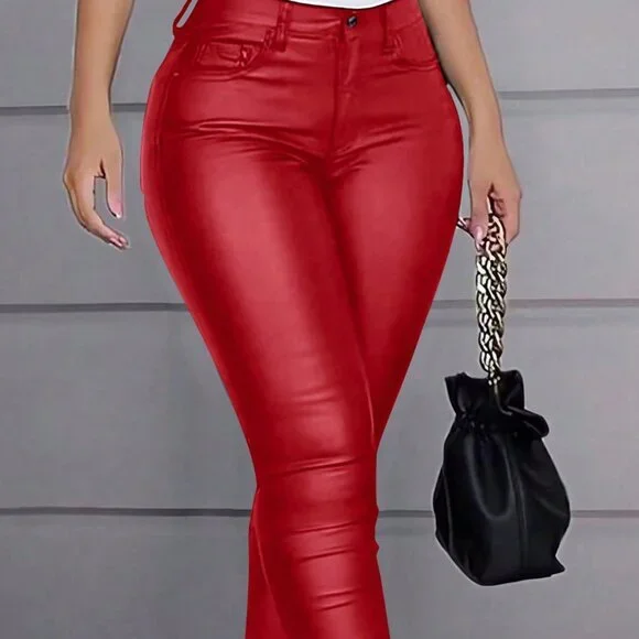 Red Casual Women's Plus Size High Waist Faux Leather Pants
